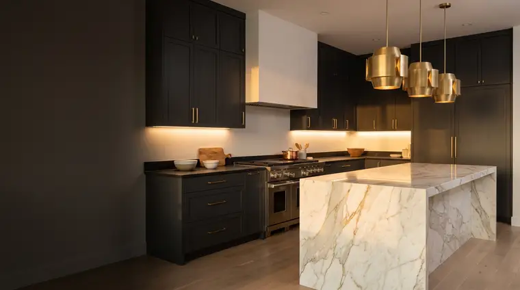 Design concept: a charcoal kitchen with a marble waterfall island and brass pendants