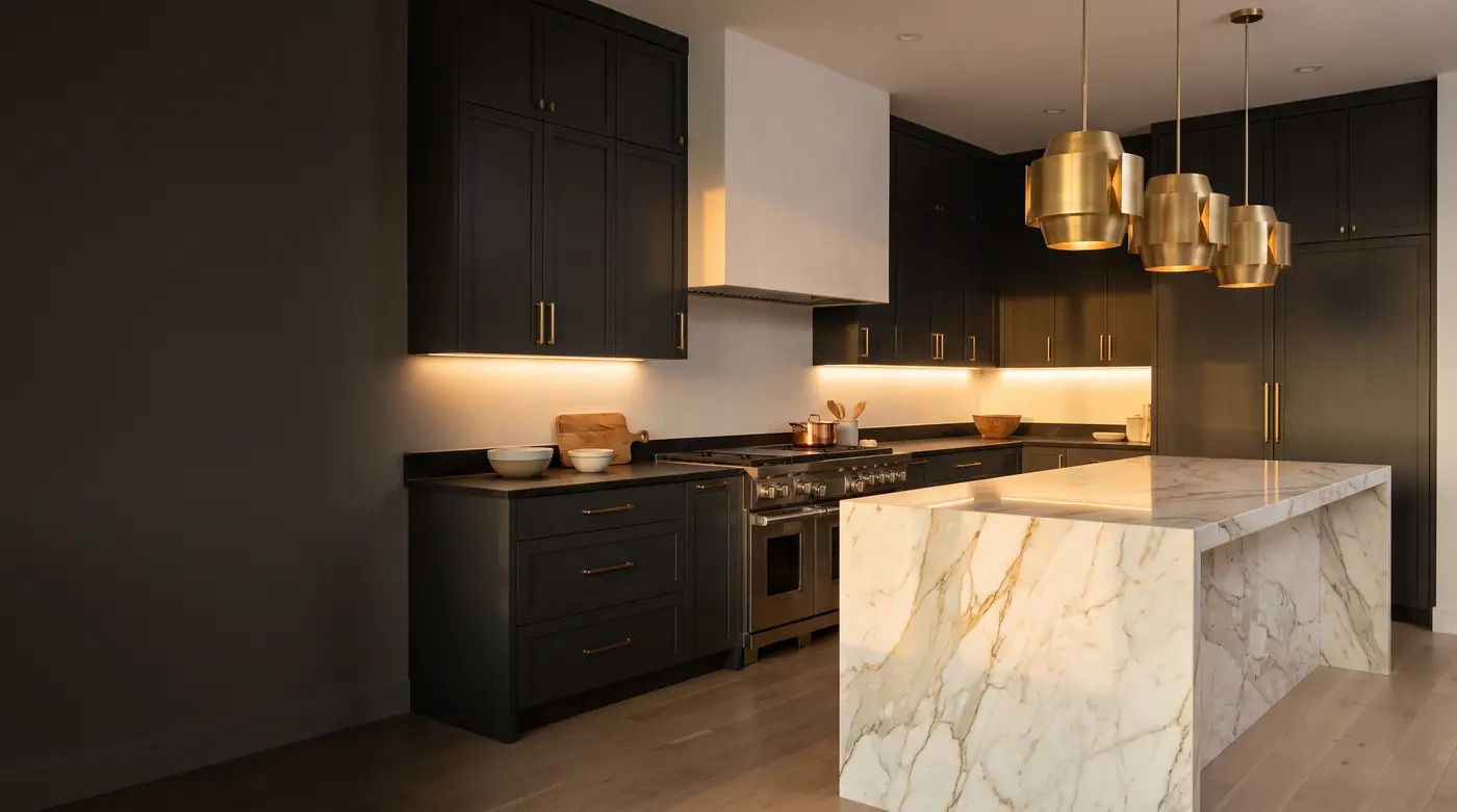 Design concept: a charcoal kitchen with a marble waterfall island and brass pendants