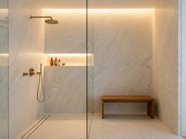 Design concept: a marble curbless shower with a teak bench and brass fittings