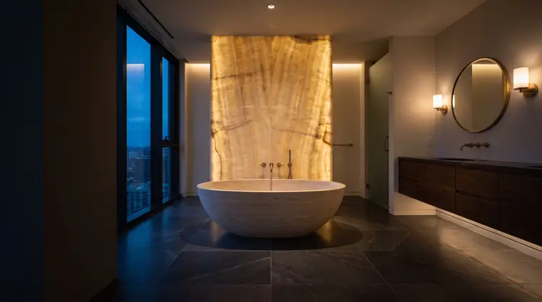 Design concept: a spa bathroom with a backlit onyx wall and stone tub