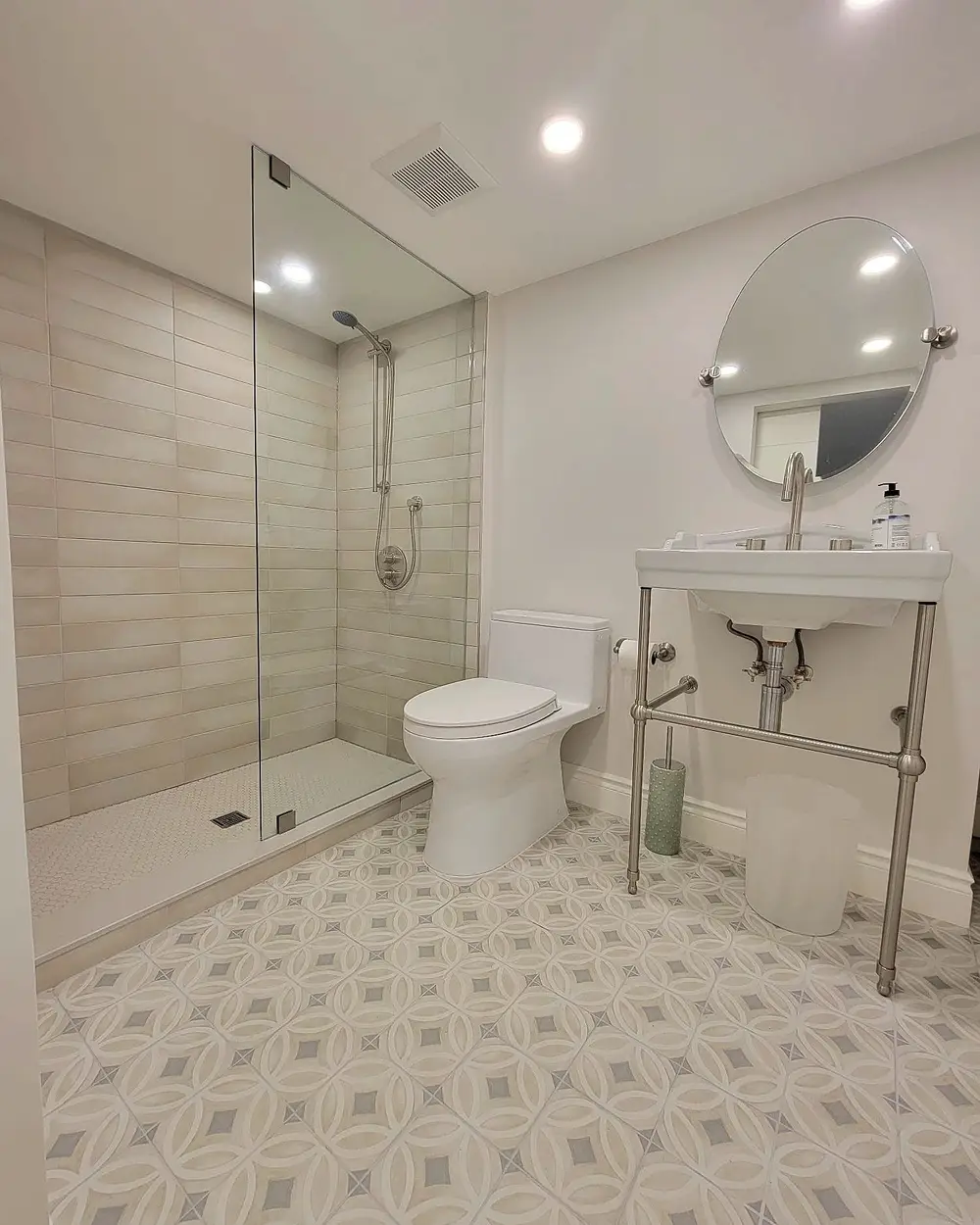 Stage 5: the finished basement bathroom from the same corner