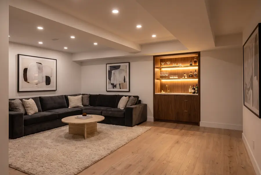 Finished basement living room with a lit walnut bar niche and charcoal sectional