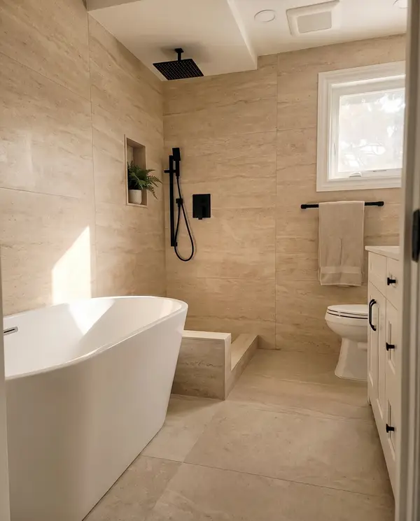 Freestanding soaker tub with travertine-look slab walls and matte black fixtures