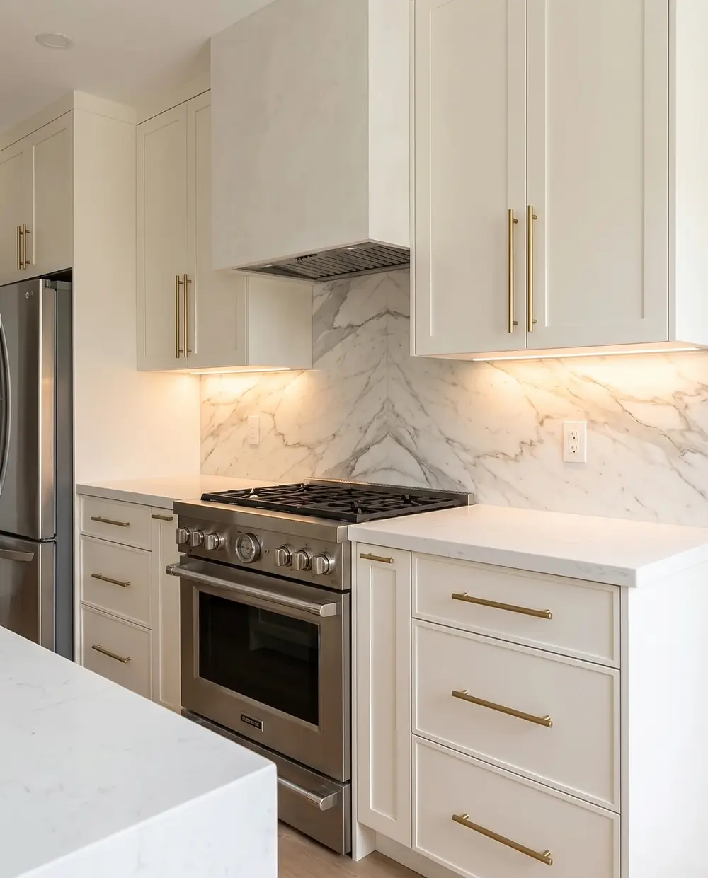 Kitchen with a bookmatched slab backsplash, plaster hood and brass pulls