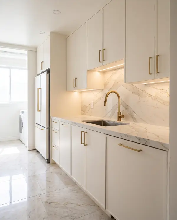 Warm white kitchen with a quartz slab backsplash and brass hardware